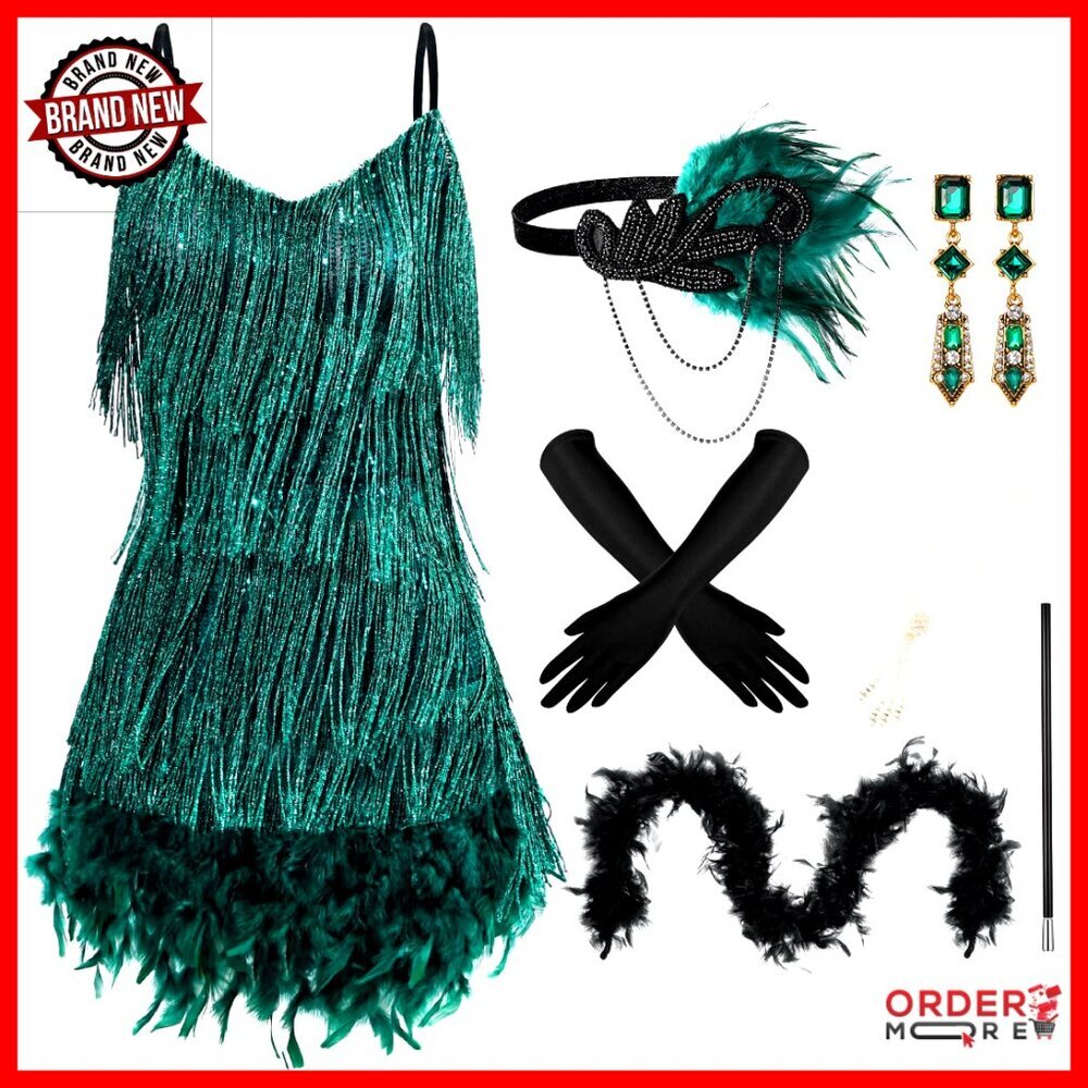 1920s Flapper Costume Set with Dress, Feather Boa, Accessories